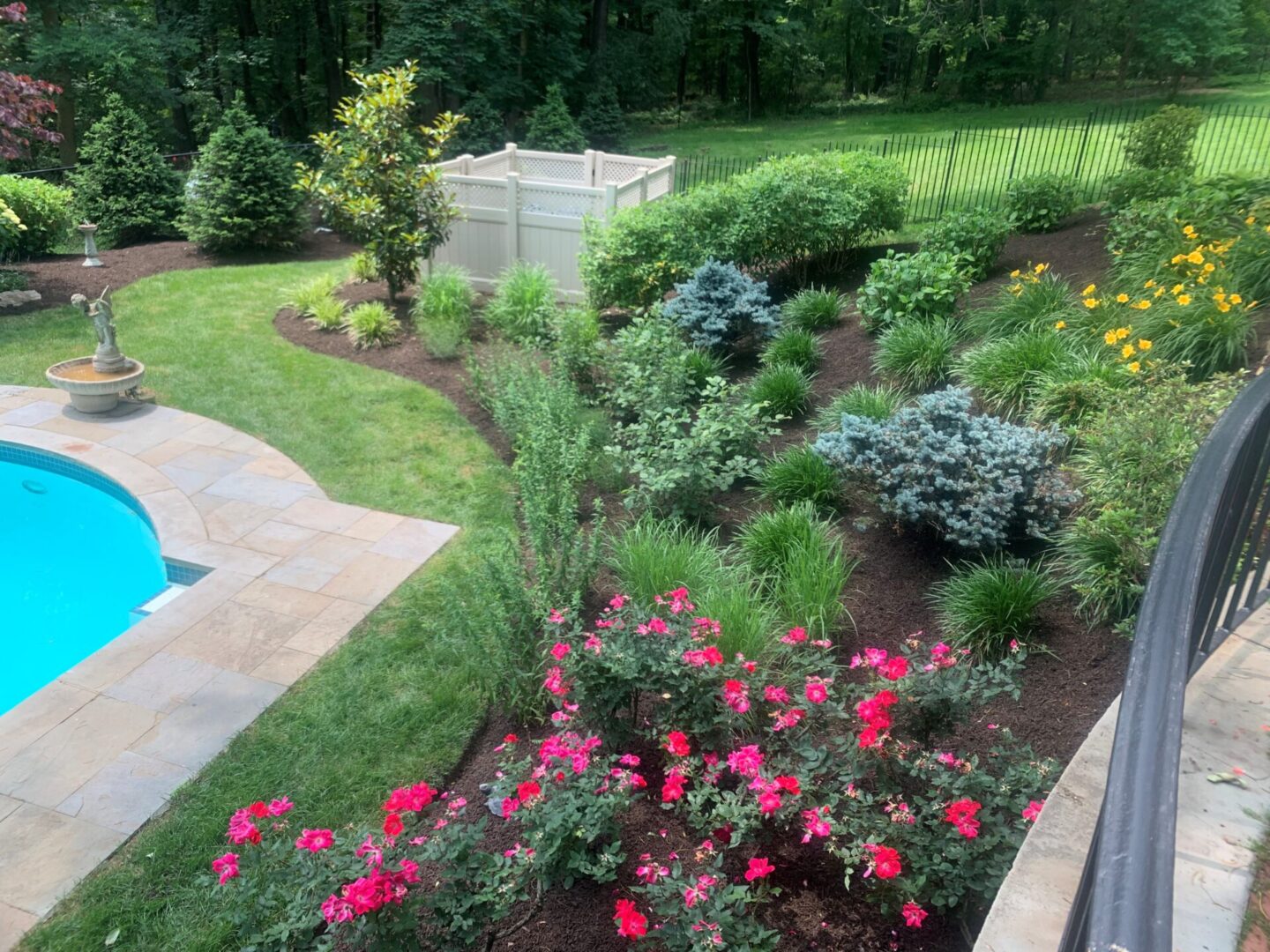 A garden with flowers and bushes next to the pool.