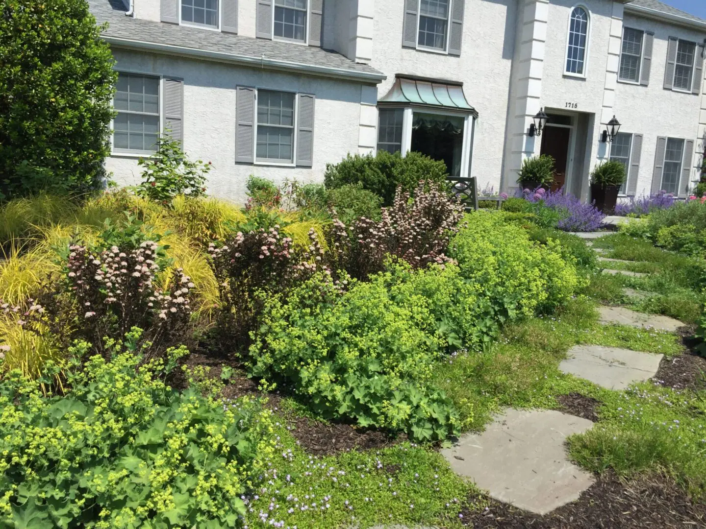 Flagstones along with bushes in front of a house