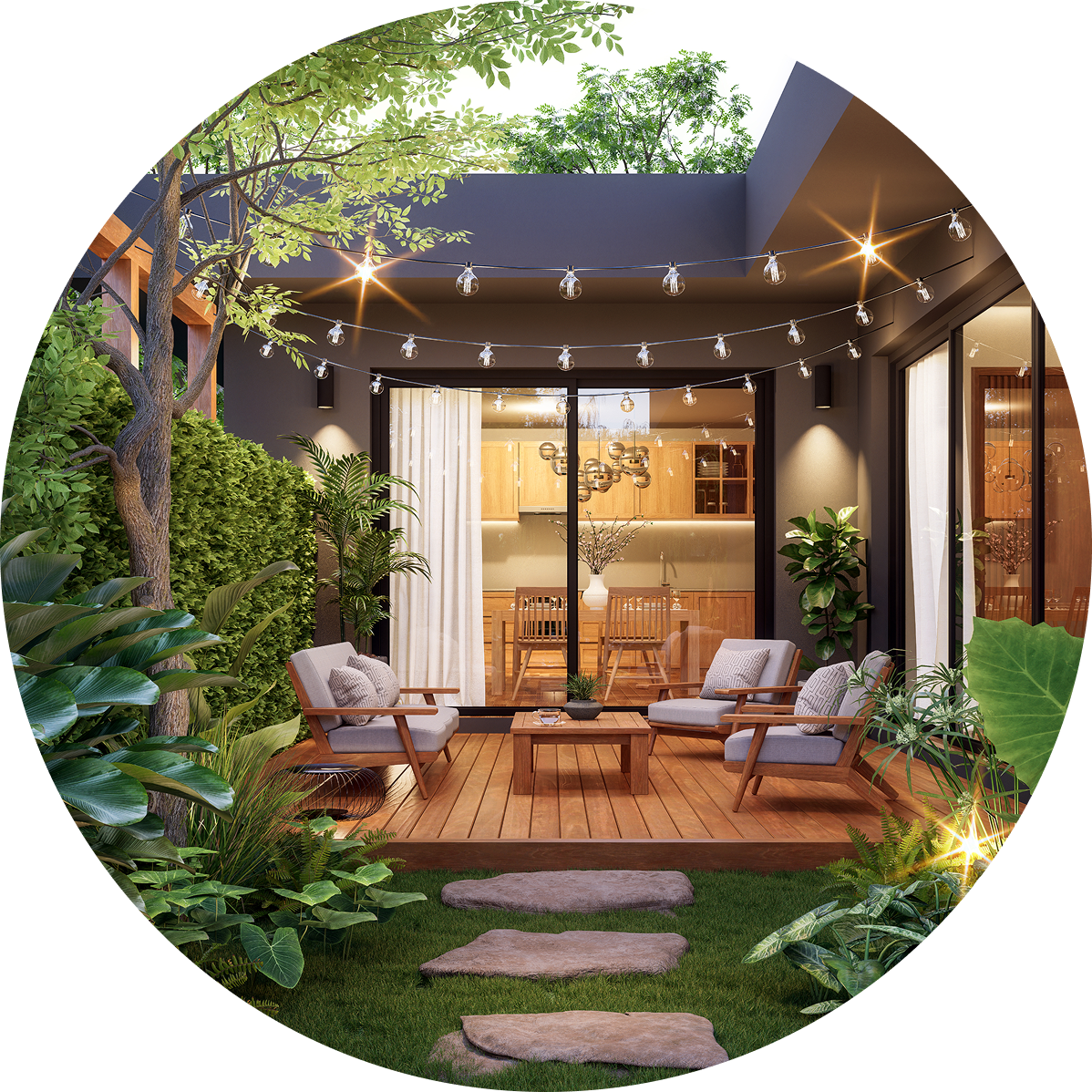 Lush garden with wooden deck
